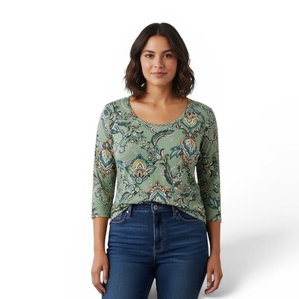 Chico’s Size 3 XL Green Paisley Print Tunic Top Size 3 Loose Fit Stretch Blouse